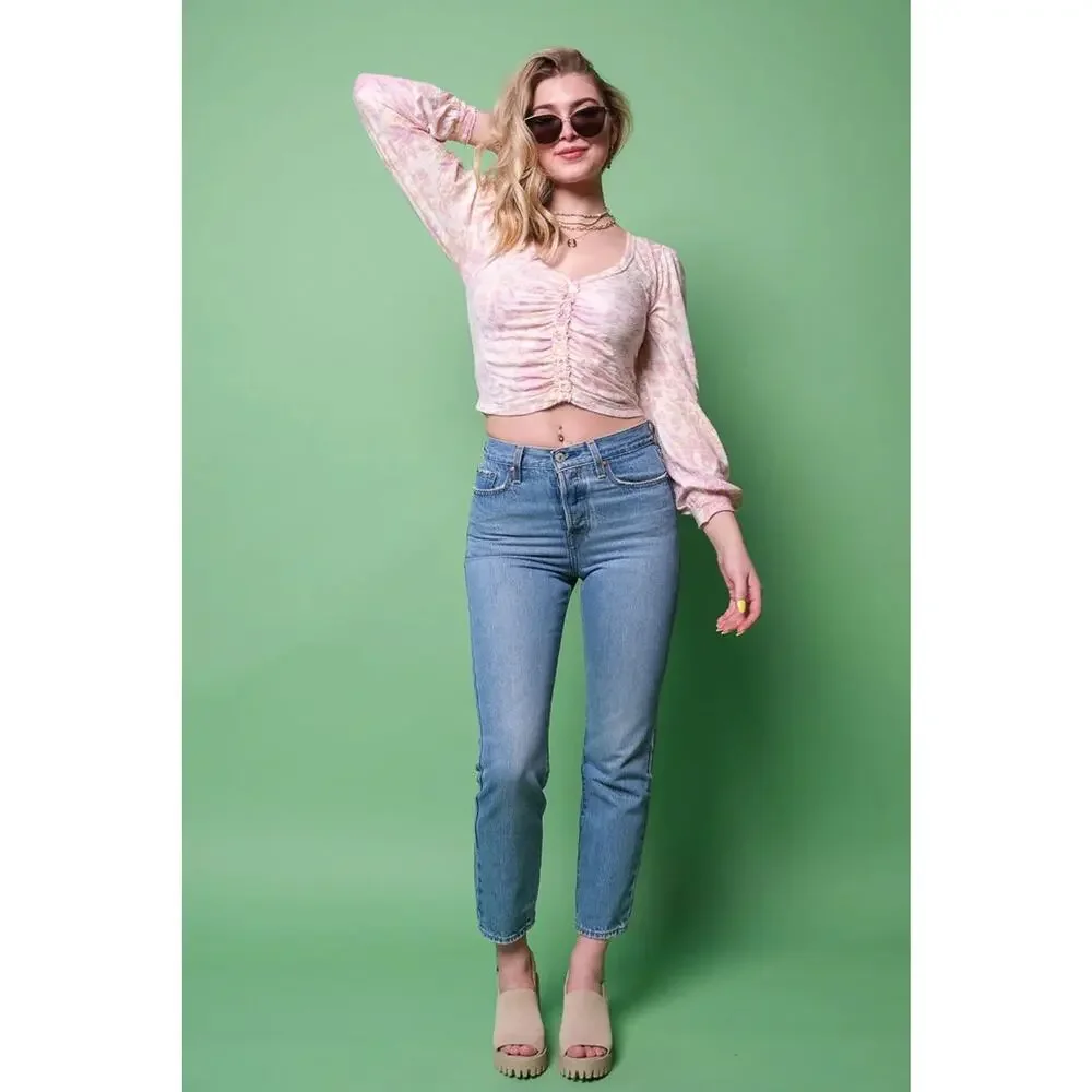 New Free People Say The Word Crop Top Ivory Pink Floral Ruched V-Naeck Sz S